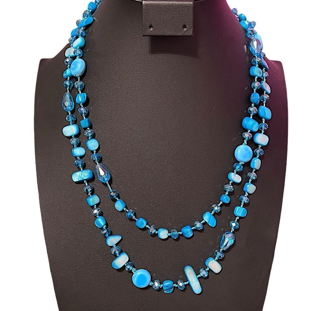 Amazing Blue Shell And Glass Beads 50” Long Necklace